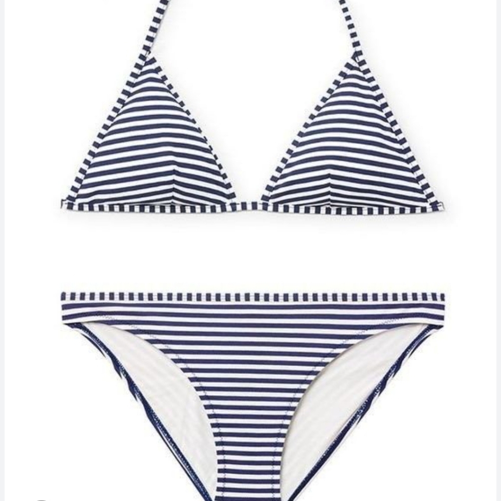 Tory Burch Flounce Bikini Top and Bottoms in Navy and White Stripe - Picture 8 of 10